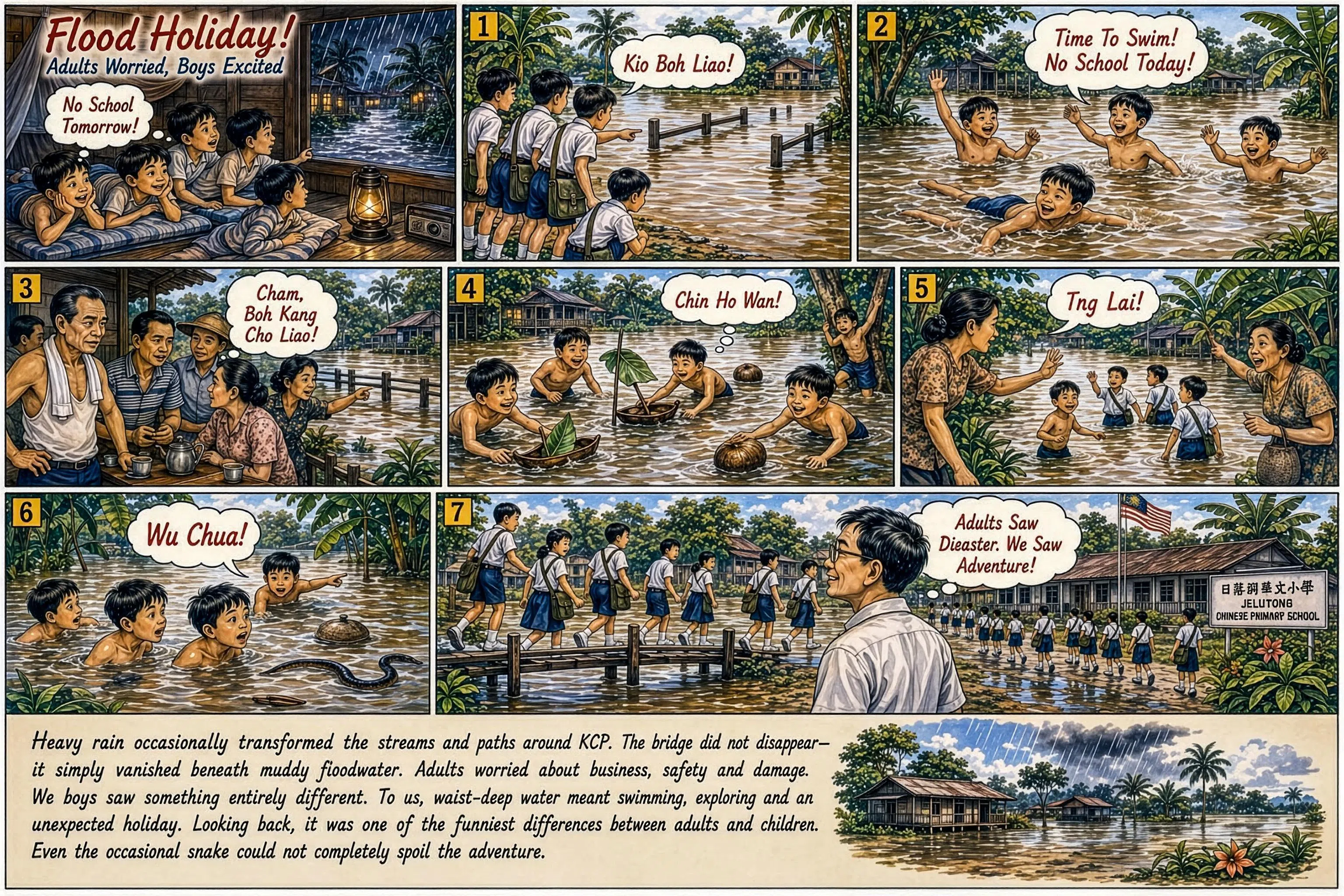 前内阁部长许文远频频在脸书分享自己用人工智能画出儿时在马来西亚槟城甘榜的童年回忆。其中包括因为大雨淹水，隔天不用上学的记忆。（取自许文远脸书）