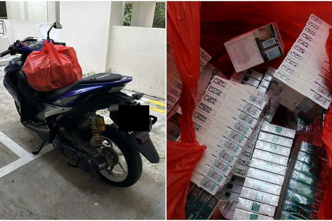 关税局人员在坎贝拉路的一多层停车场中，发现一男子把一红色垃圾袋递给另一名坐在电单车上的男子，于是上前检查，发现垃圾袋藏有229包散装漏税香烟。（新加坡关税局提供）