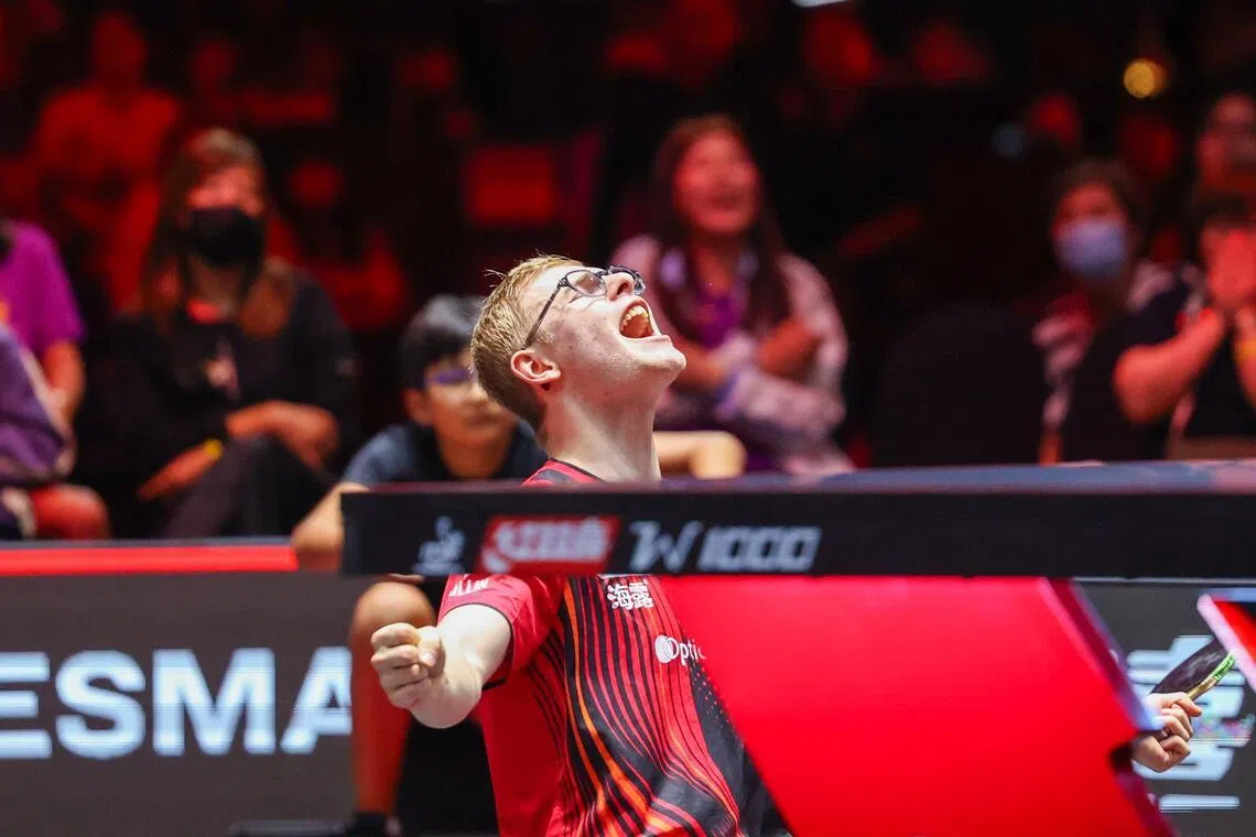 打败上届冠军林诗栋晋级四强，法国球员勒布伦（图）非常激动。（吴先邦摄）