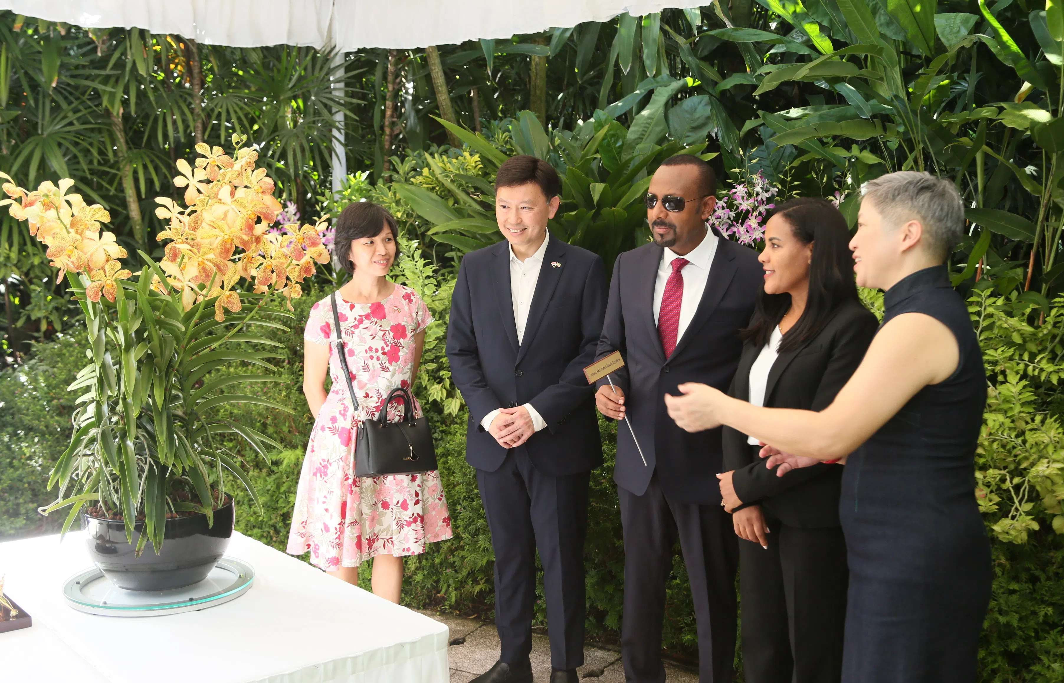 埃塞俄比亚总理阿比（中）和夫人齐娜什（右二）星期三在新加坡植物园出席胡姬花命名仪式，陪同者包括交通部长兼财政部第二部长徐芳达伉俪（左一和左二）。（国家公园局提供）