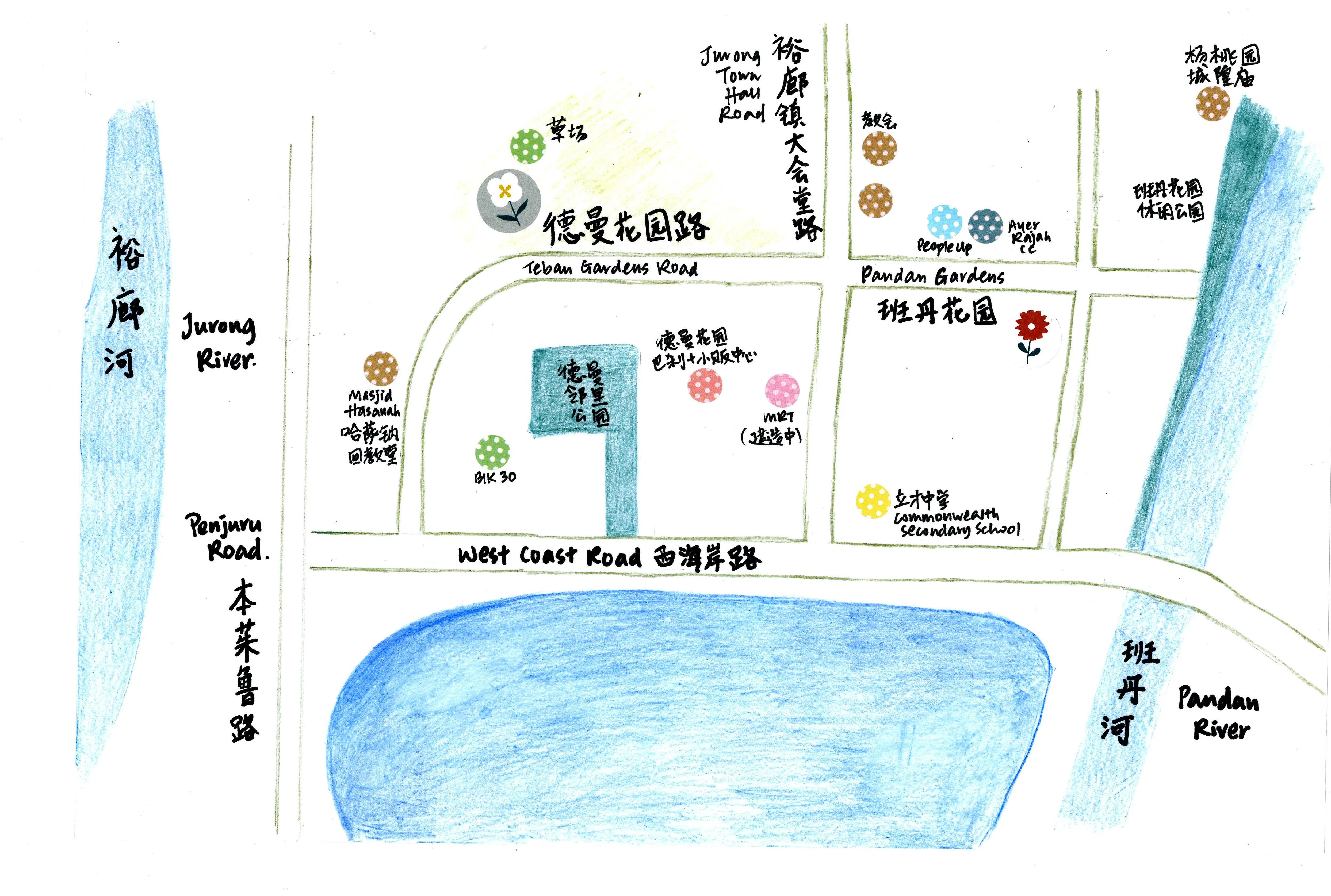 从红树林沼泽变成住宅区，旧的组屋拆除后建了新的BTO，未来将迎来地铁站，德曼花园和班丹花园这两个小区的故事道出岛国的发展轨迹。（陈映蓁手绘）