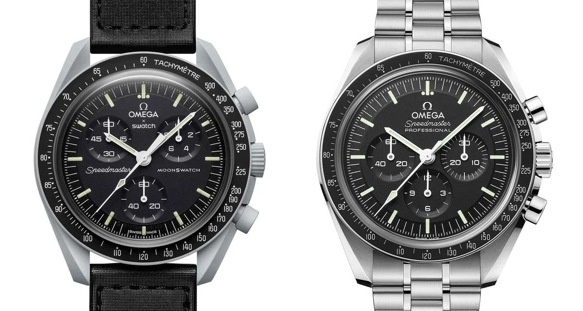 你看出联名MoonSwatch表（左）和“元祖”Omega Speedmaster Moonwatch的同异之处吗？（图/Omega/Swatch）