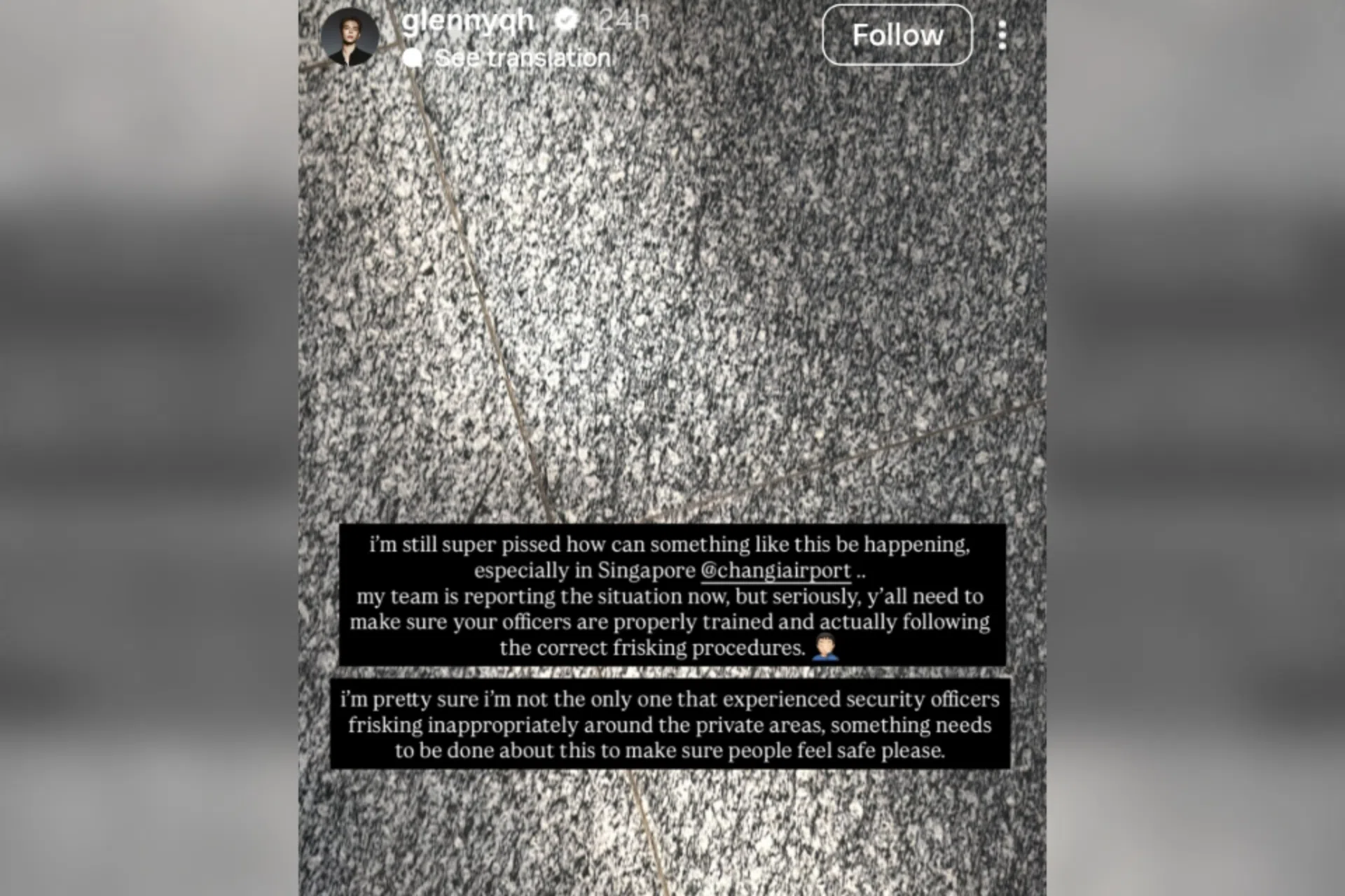 他在限时动态中透露，其团队目前正就此事通报有关当局。（取自容启航IG截图）
