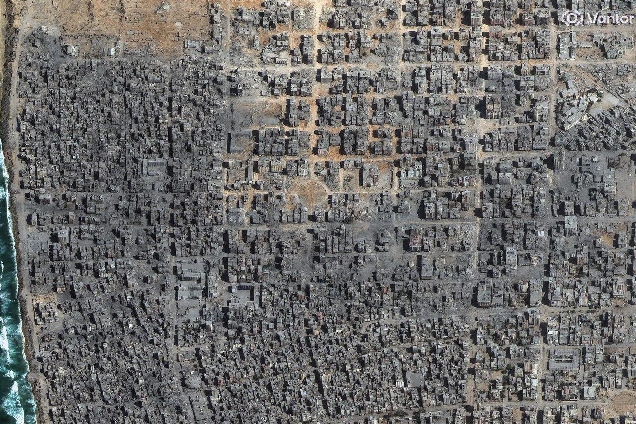 10月10日，由卫星图像公司范托尔（Vantor）提供的图像显示，在加沙地带北部的加沙城一片毁坏的景象。（法新社）