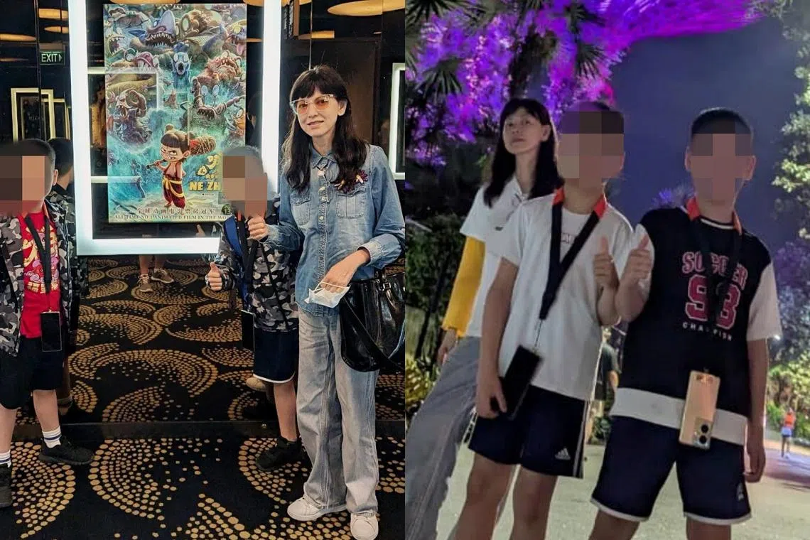 陈明真（左图右，右图左）近日带一对双胞胎儿子到新加坡游玩。（取自陈明真脸书）