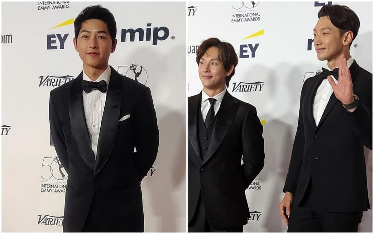 宋仲基（左图）、任时完（右图左）和Rain帅气走红毯。（互联网）