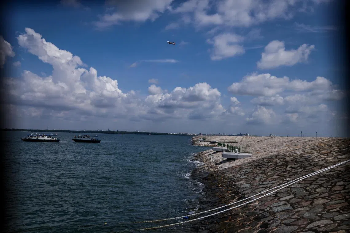 面向大海的堤坝面铺满了天然岩石，能缓冲海浪的冲击。（叶振忠摄）
