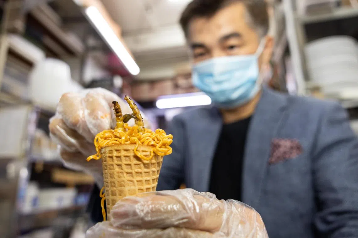 螃蟹之家经过一番筹备，研发了30道昆虫菜色，希望端上桌时，能为食客带来又惊又喜的体验。例如，这个冰淇淋甜筒中，装入了东炎口味的面条，还有昆虫做点缀。（海峡时报）