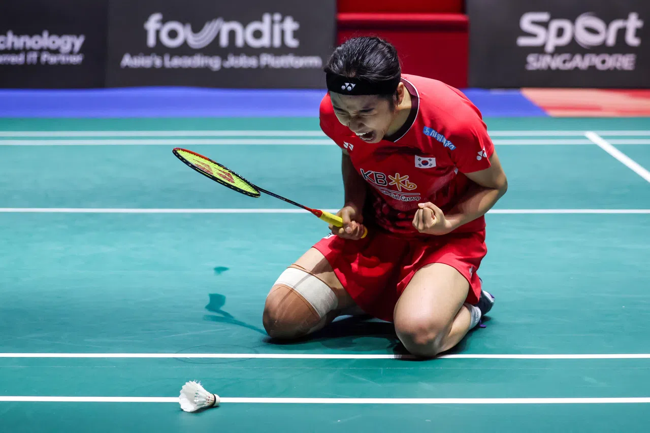 韩国女将安洗莹在艰难淘汰印尼的玛丽斯卡后，激动呐喊。（白艳琳摄）