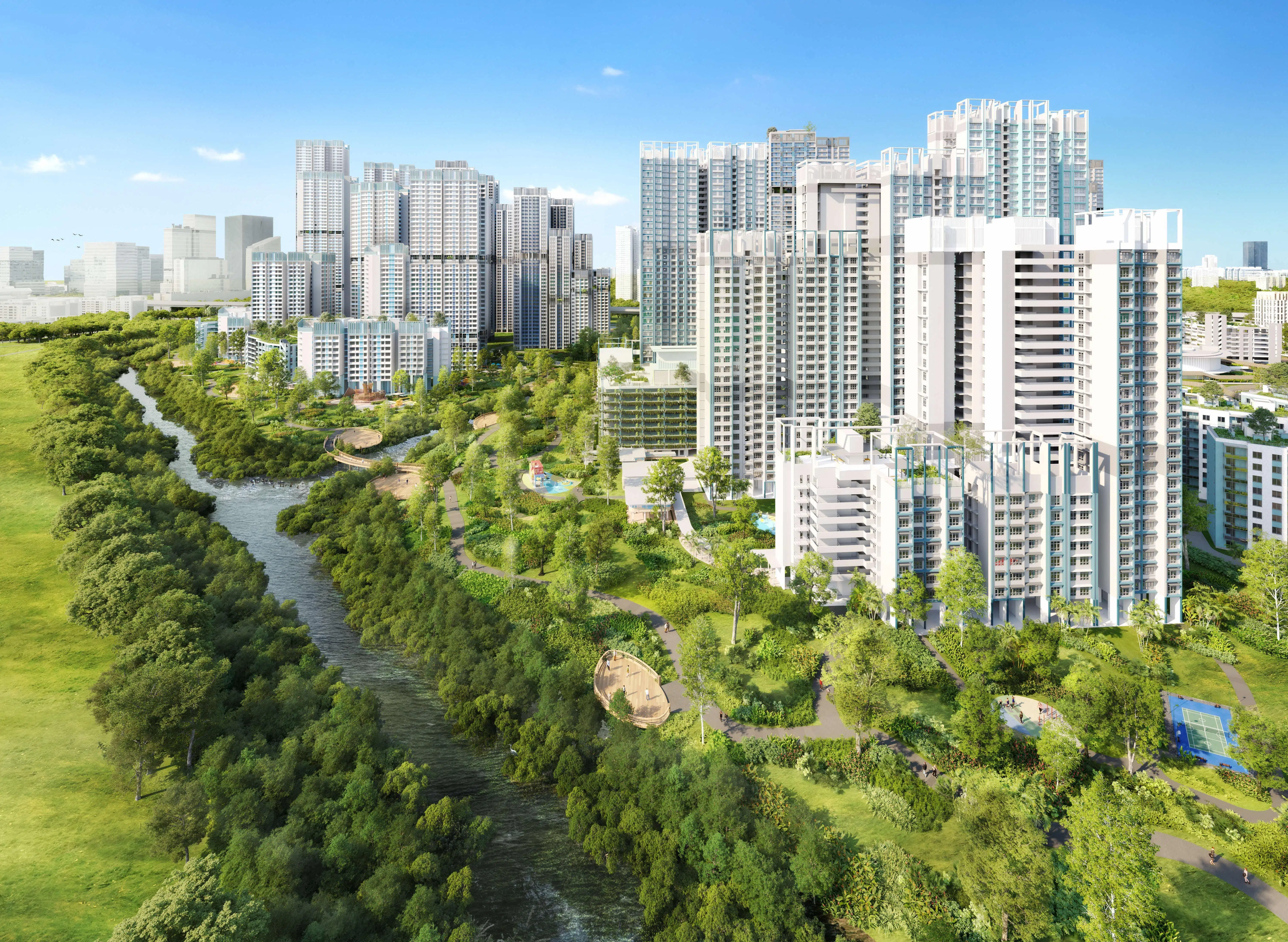 柏拉雅住宅区的设计灵感来自红山一带的丘陵地势，组屋楼宇将以高低错落的阶梯式布局，勾勒出独特的濒海天际线，让更多住户从家中眺望南部山脊与海岸景观。（建屋局提供构想图）