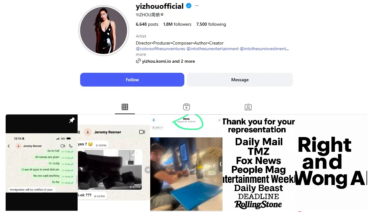 周依在个人IG账号的多个贴文都指称Jeremy Renner对自己做出失当行为。（周依IG账号截图）