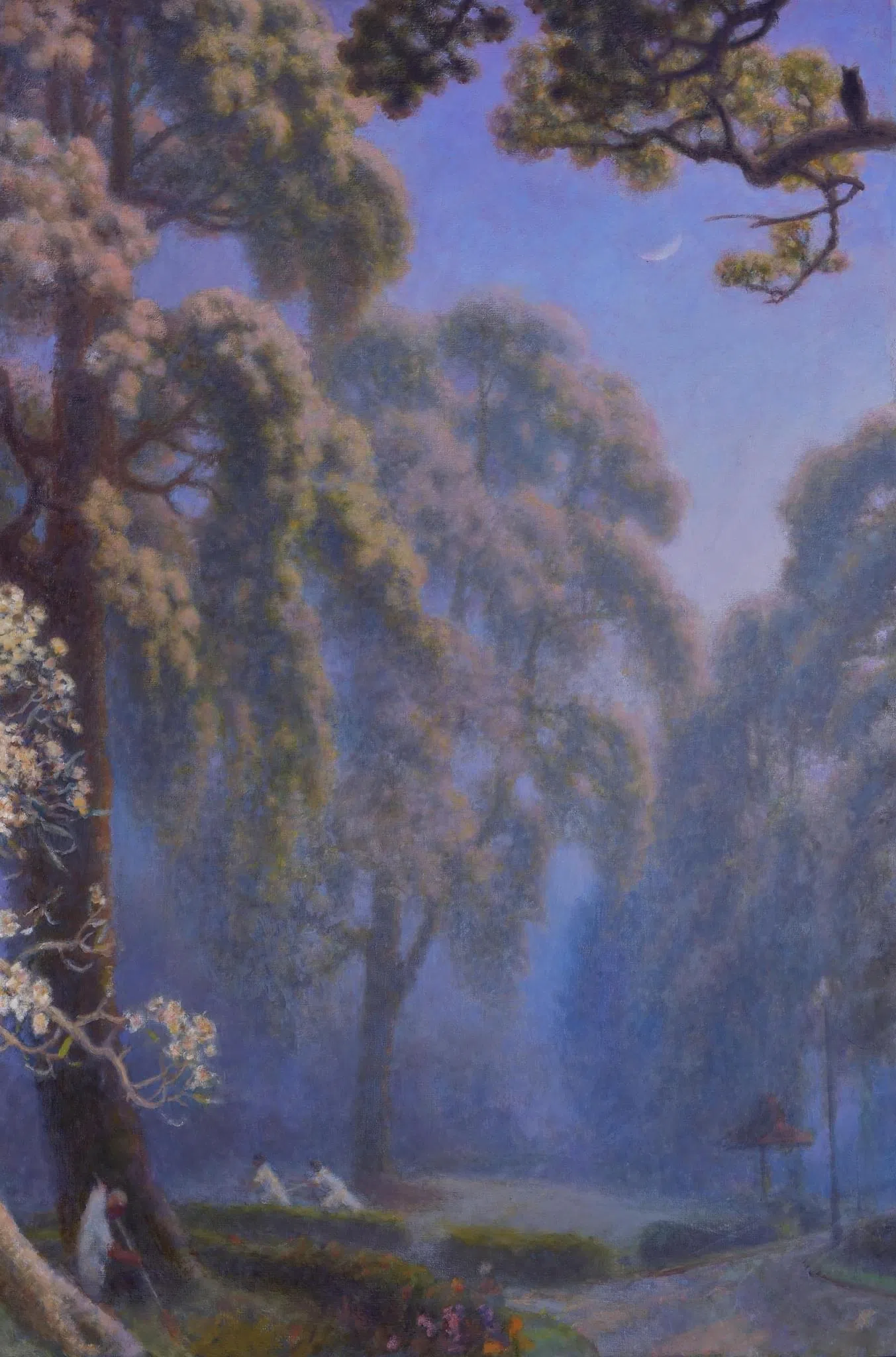 萧学民油画《开花的老树》（2023），雾气氤氲氛围迷人。（海卉艺苑提供）