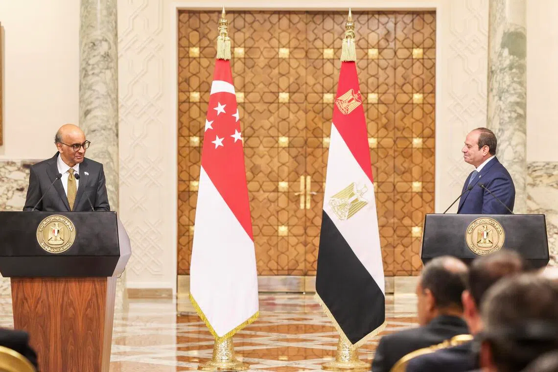 尚达曼总统（左）与埃及总统塞西9月20日在埃及总统府举行联合记者会。（陈斌勤摄）