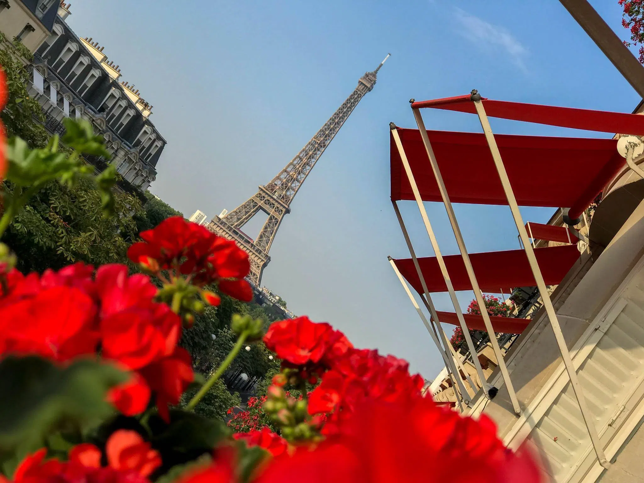 李资政2018年到法国巴黎出席国庆阅兵时，从酒店阳台拍摄。我国空军M-346型教练机编队与新加坡国旗在阅兵中亮相。（取自李资政脸书）