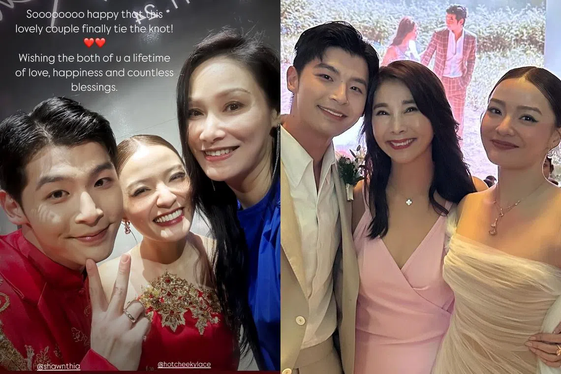 程家颉（左图左起）和陈雯诗这对新人皆参与《阳光总在风雨后》演出，新郎饰演吉娜的儿子，新娘则饰演陈秀环（右图中）的媳妇。（取自吉娜和陈秀环IG）