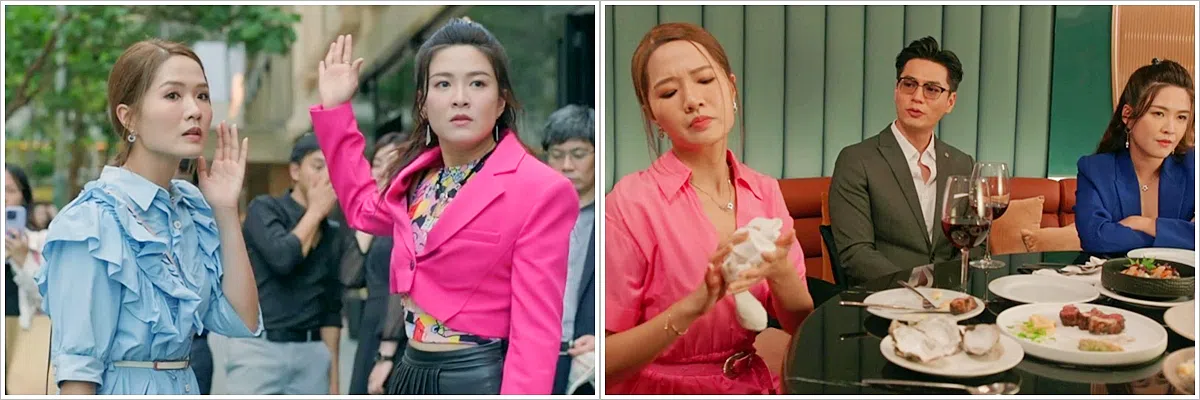 梁敏巧（左图左）客串《金式森林》，她饰演的泼辣网红跟江嘉敏（右图右起）和罗子溢有对手戏。（互联网）