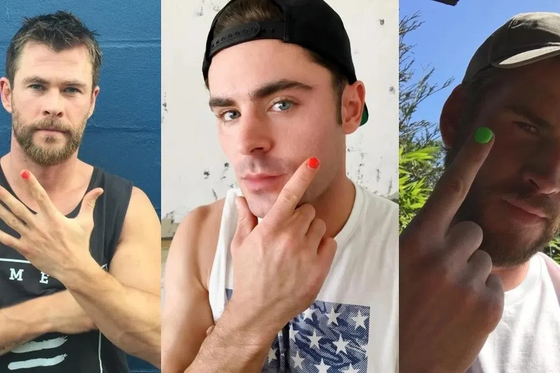 Chris Hemsworth（左起）、Zac Efron、Liam Hemsworth都曾在指甲上涂油响应反暴力活动。（取自艺人Instagram）