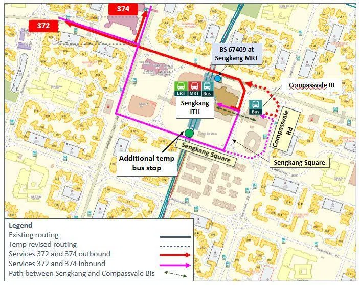 372号和374号巴士服务的乘客也能选在沿着盛港广场（Sengkang Square）的临时巴士站下车，更直接通往盛港地铁站，这条路径也有遮盖。（陆路交通管理局提供）