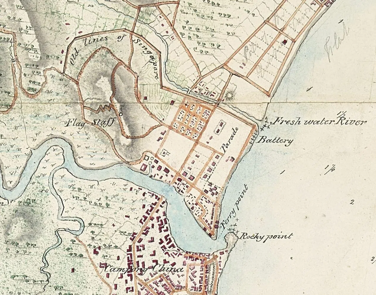 1825年的“新加坡市镇与海港图”截图，图中标志的“Old lines of Singapore”，就是皇家山下的“新加坡古城墙”。（大英图书馆图片）