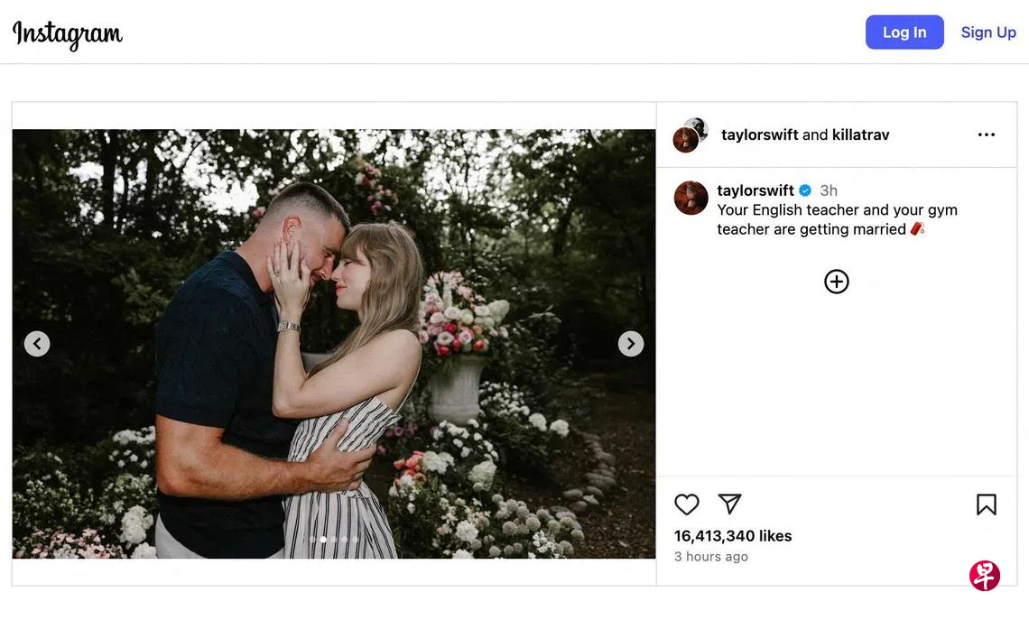 泰勒丝8月26日在Instagram宣布与球星男友凯尔西订婚，并在贴文中写道：“你的英语老师和体育老师要结婚了。” （路透社）