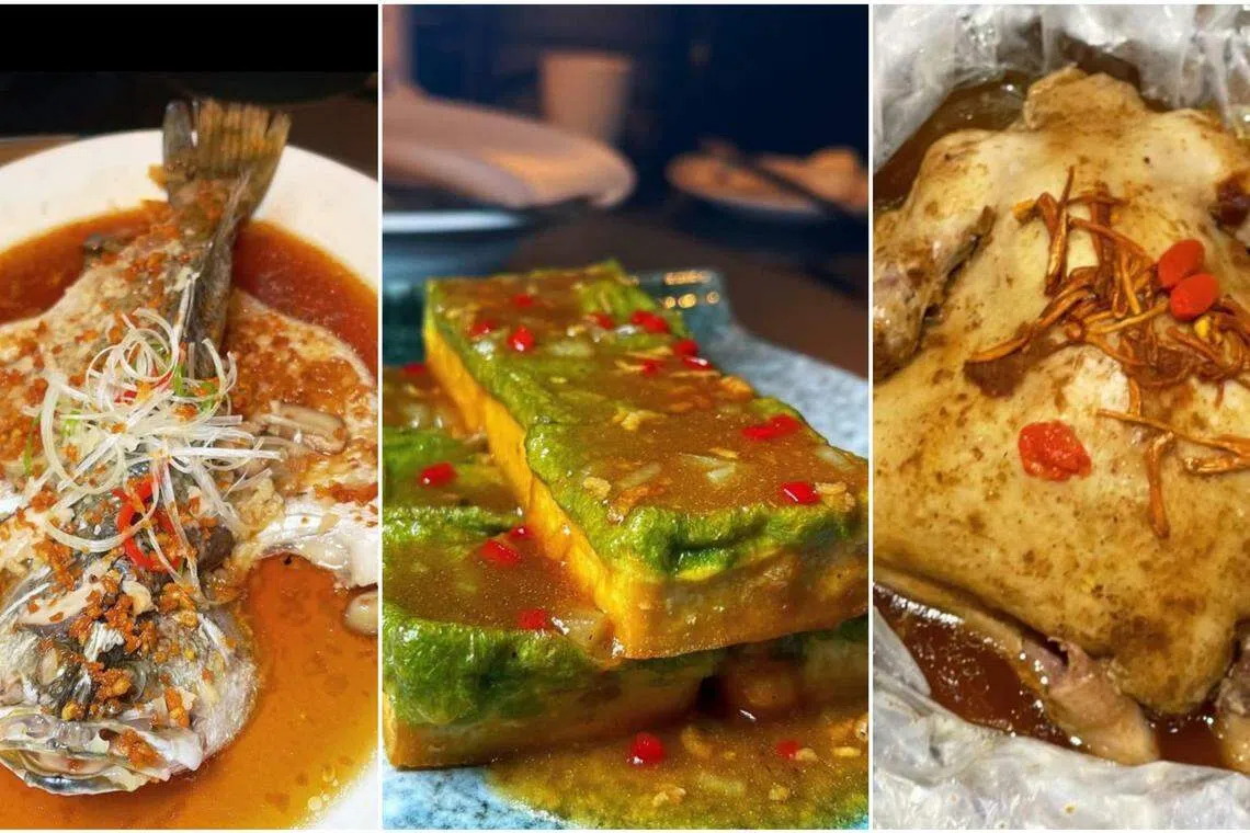 金叶餐馆双亲节套餐包括双宝金目鲈（左起） 、翡翠碧绿蛋和皇帝鸡等。（餐馆提供）