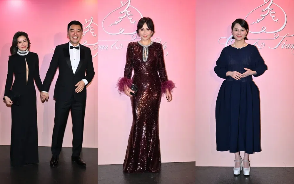 锺镇涛与太太范姜（左图）、刘嘉玲（中图）和李心洁等是婚宴的座上嘉宾。（互联网）