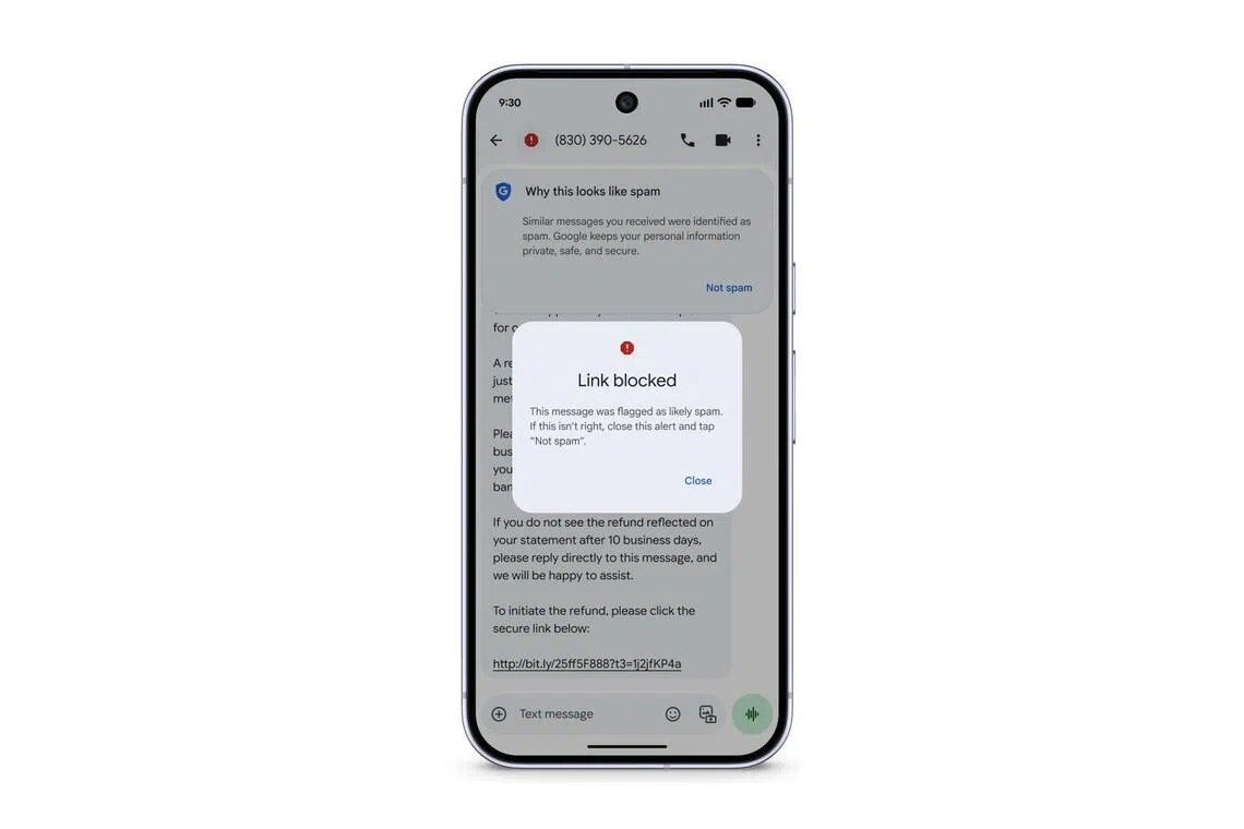 Google Messages推出新的安全提示，提醒用户切勿点击可疑链接。（谷歌提供）