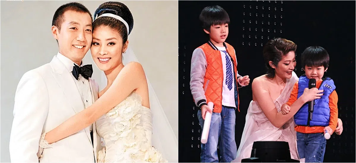 陈慧琳2008年与圈外人刘建浩结婚（左），婚后育有两子。右图为陈慧琳2015年在香港红馆办演唱会，其中一晚她牵着两个儿子亮相。（互联网）