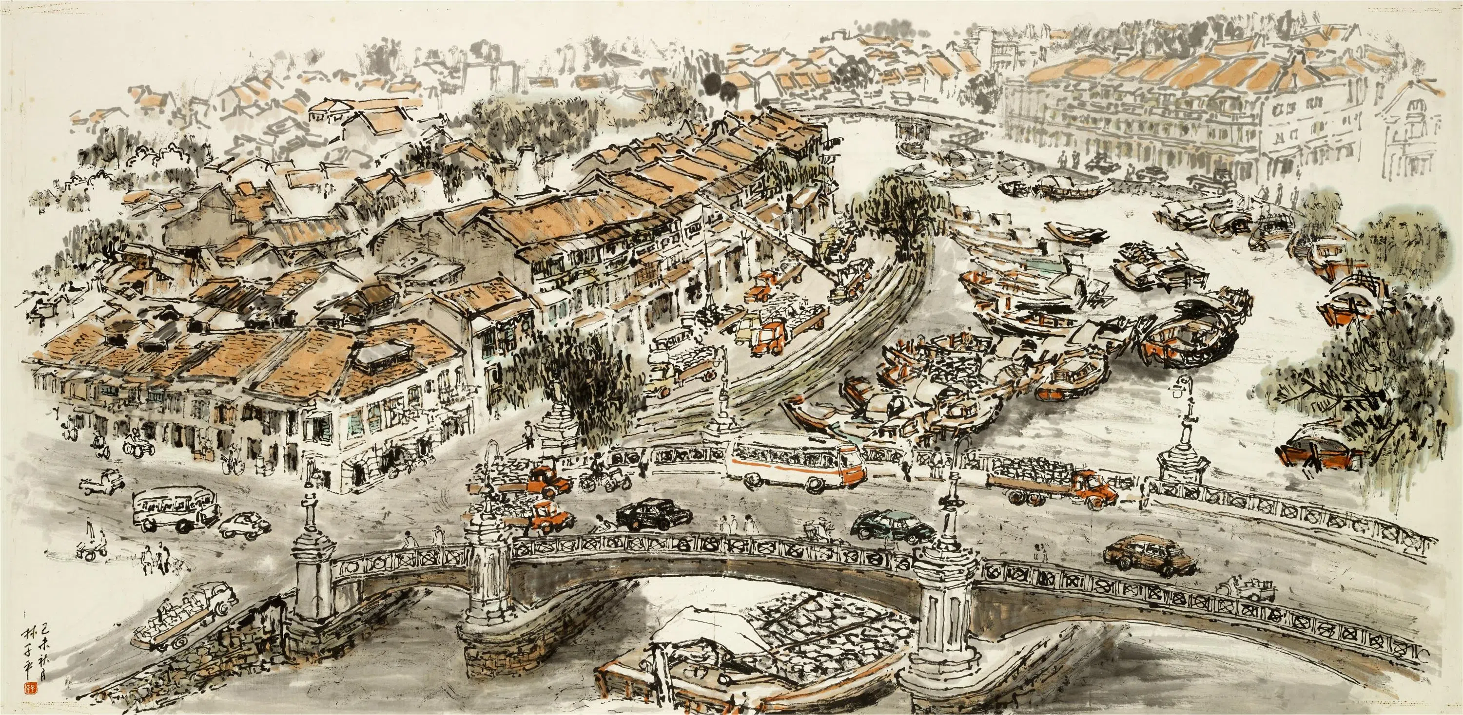 新加坡总统府收藏的林子平水墨画《新加坡河（哥里门桥）》（1979）。（国家文物局提供）