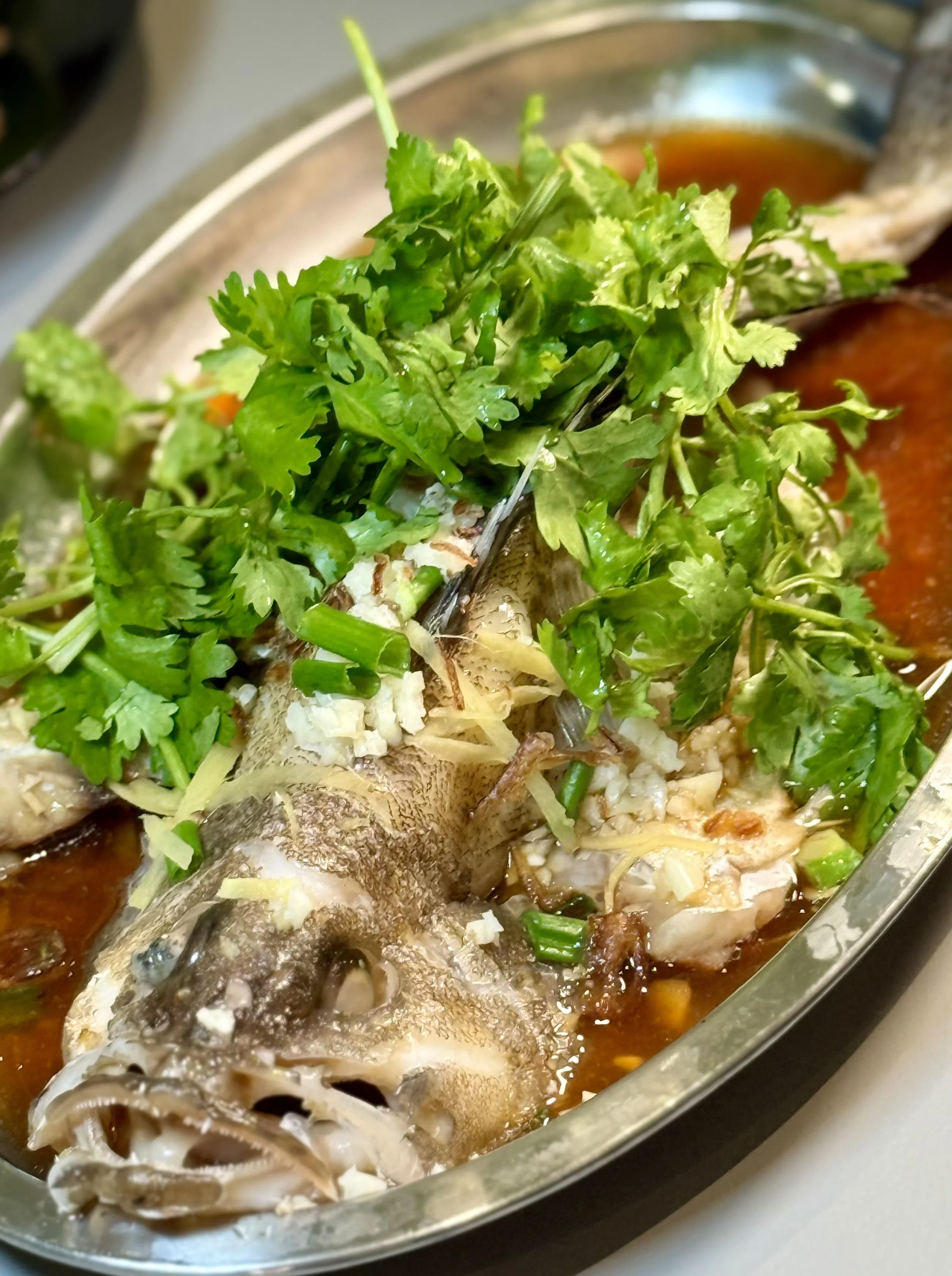 喜喜蒸鱼海鲜的清蒸石斑，鱼肉细嫩无腥，酱汁鲜甜入味。（叶晓虹摄）
