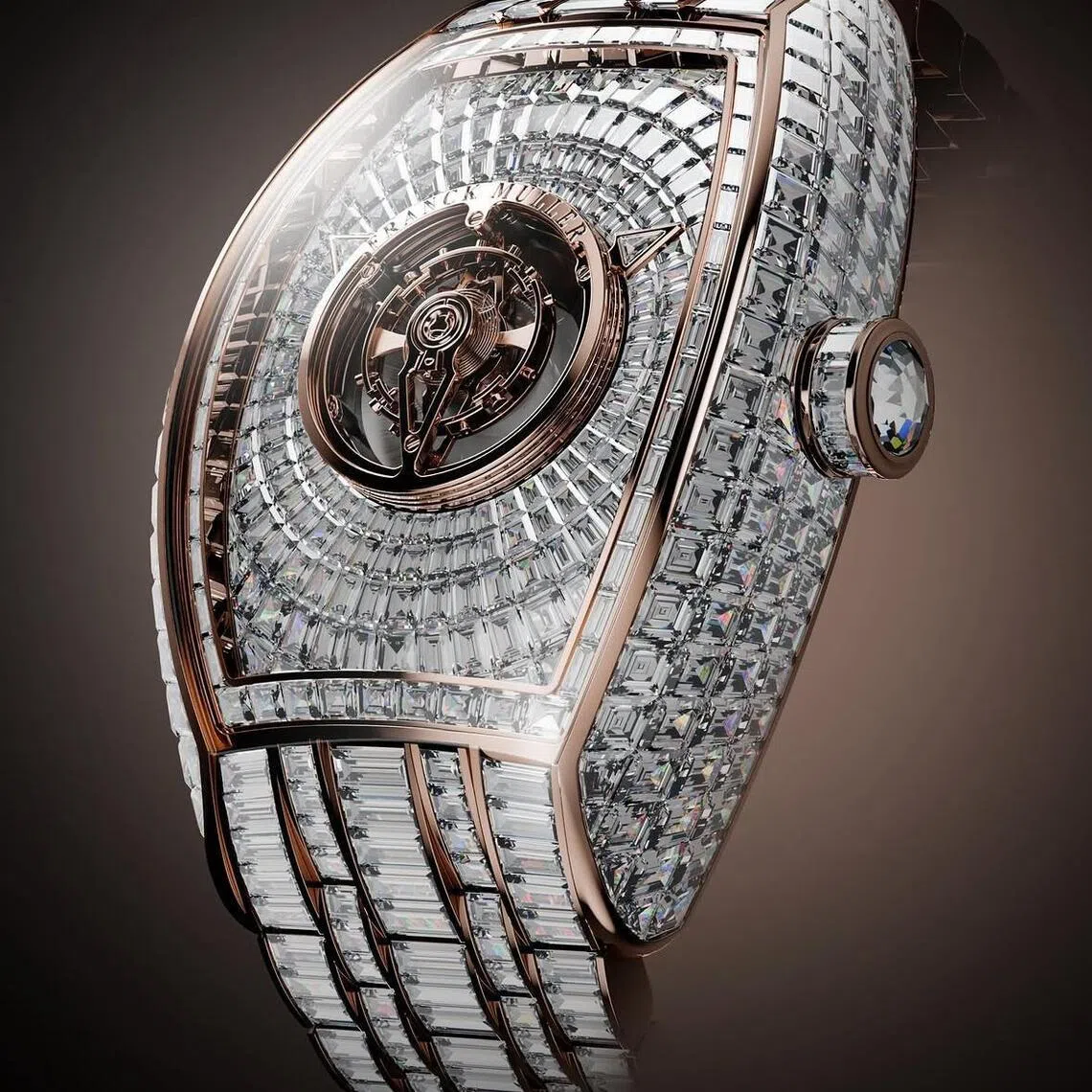 Curvex CX Grand Central Tourbillon Baguette腕表，读时方式由线性转为环形。（法穆兰提供）