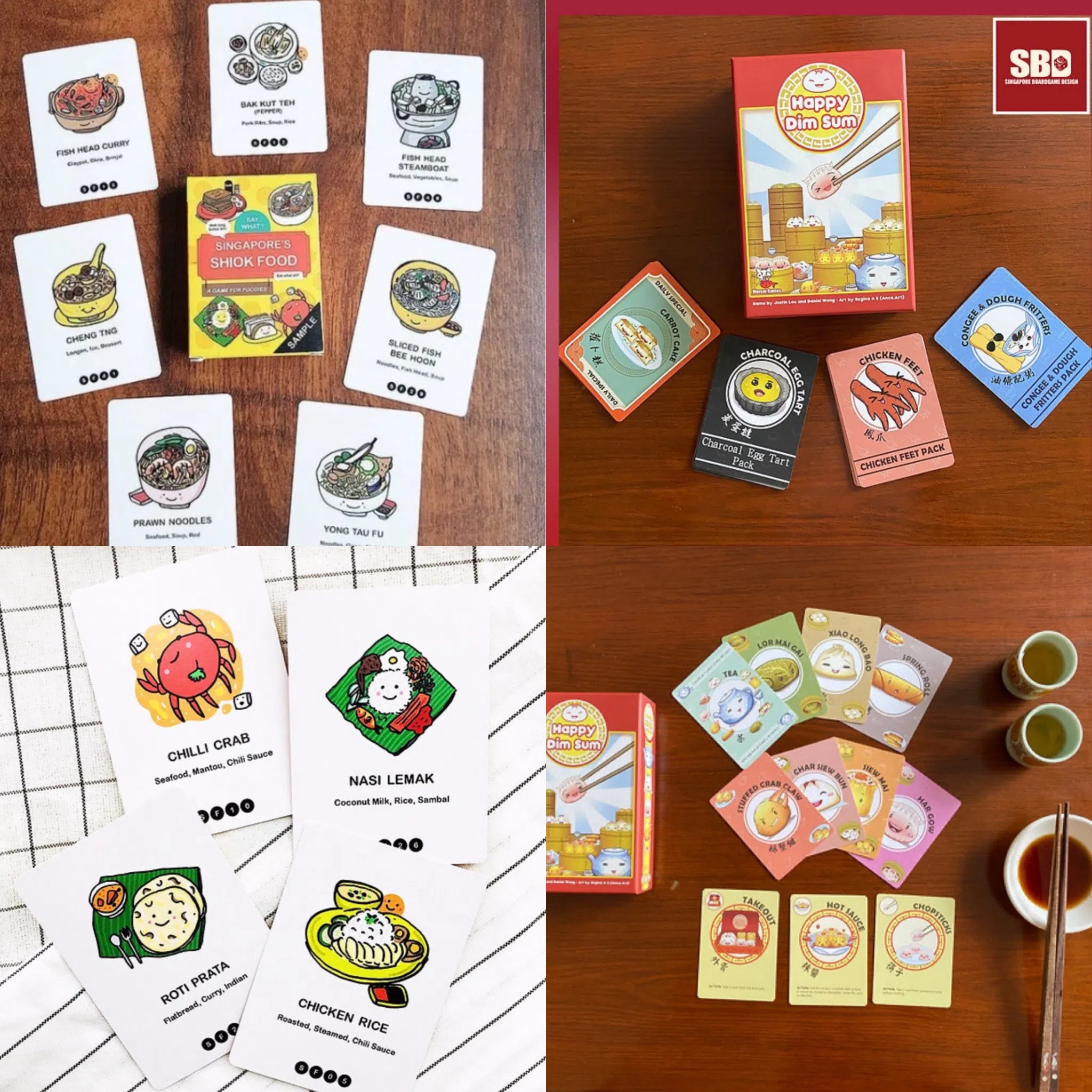 本地美食主题桌游：《新加坡吃爽爽》（左排图）和《开心点心》（右排图）。（取自sgboardgamedesign.com）