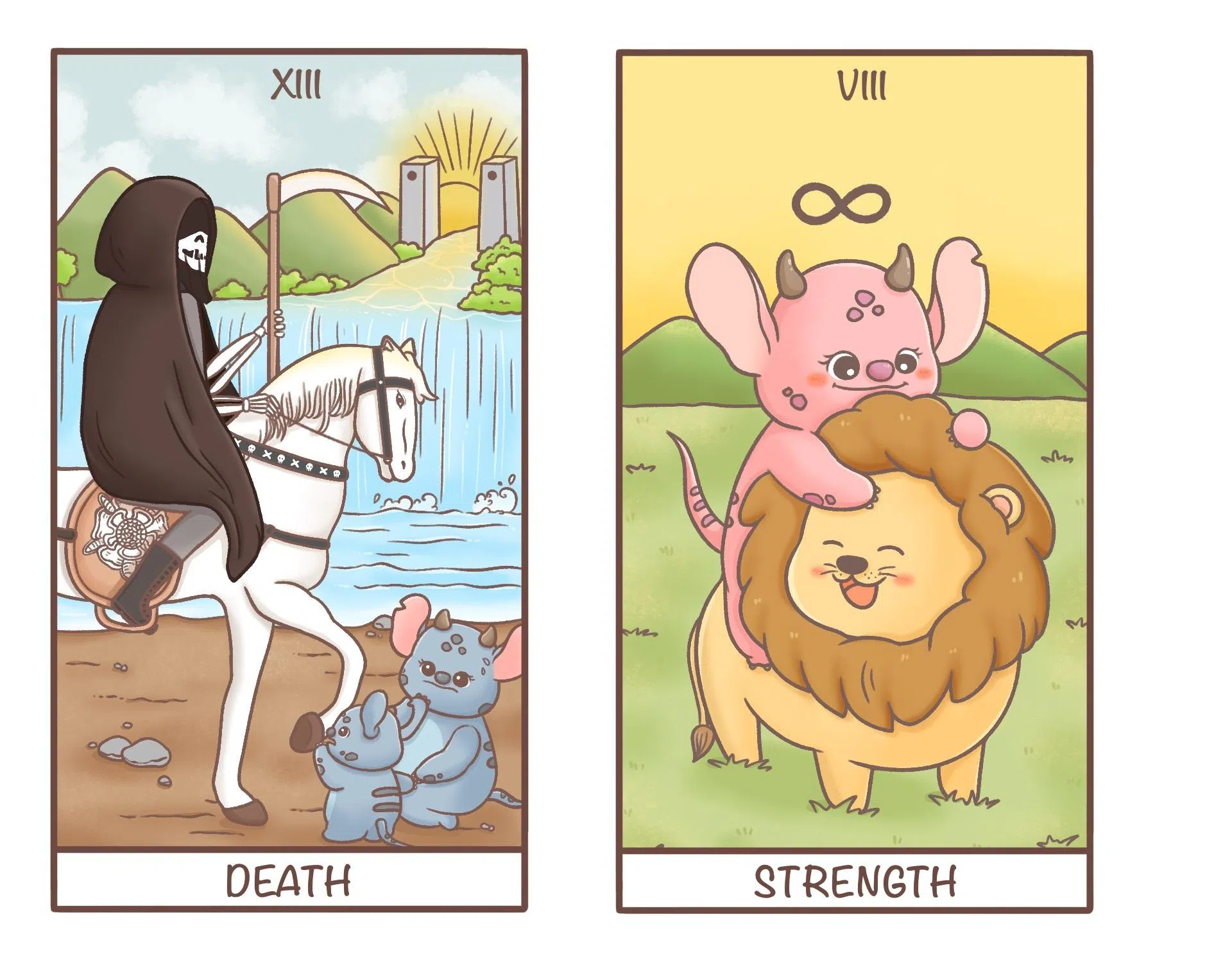 图为Jade聘请设计师专门绘制的“Happy Monster”塔罗牌。卡牌左为“死亡牌”；右为“力量牌”（Strength）。（受访者提供）
