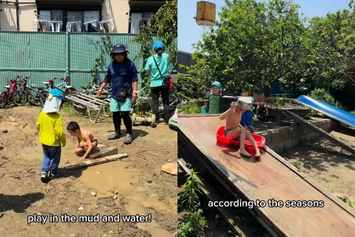 幼儿园里的孩子在泥巴中（左图），以及校长自己制作的“溜滑梯”（右图）上玩乐。（IG视频截图）