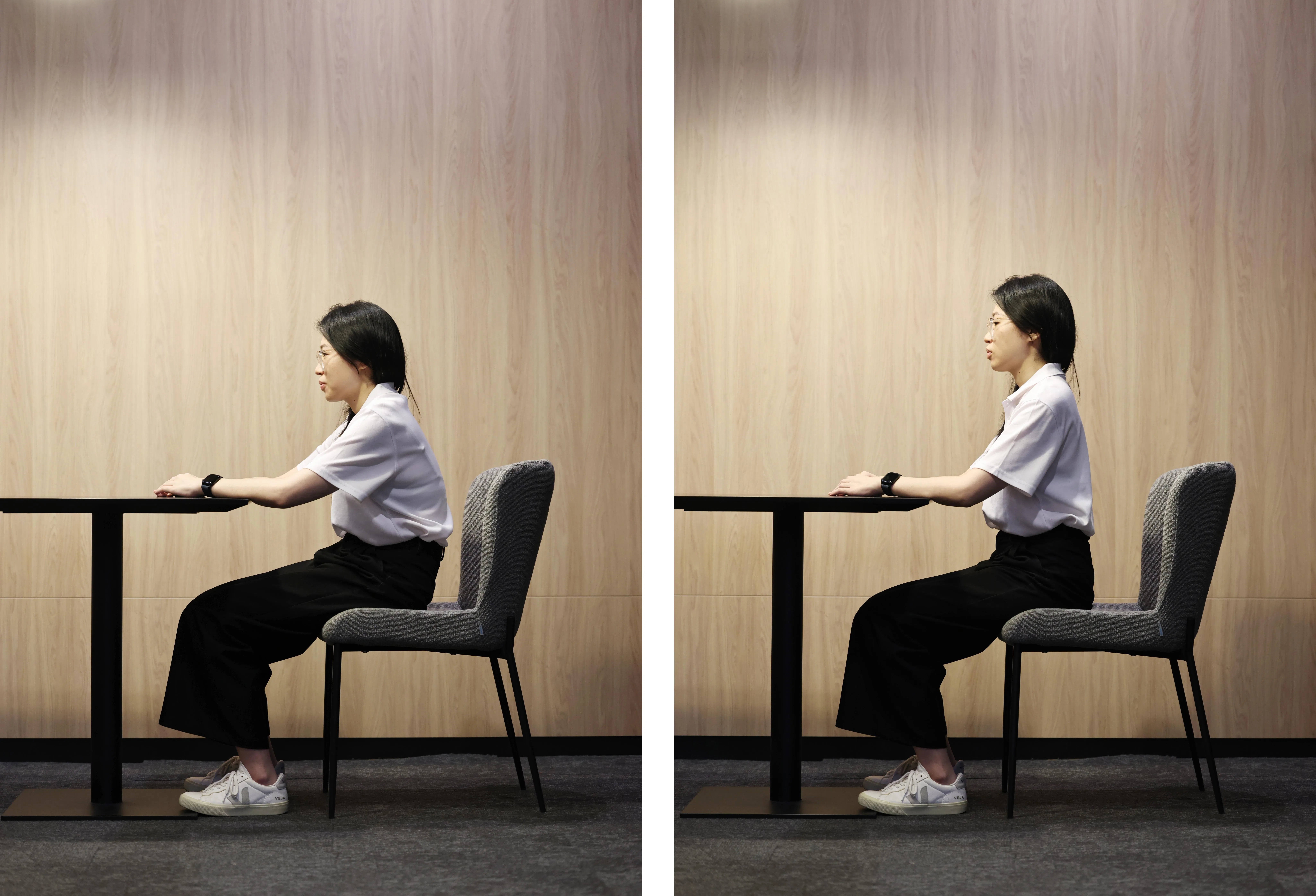 坐式骨盆倾斜有助舒缓下背紧绷感，练习时要选择坚固且有支撑力的椅子。（陈渊庄摄）