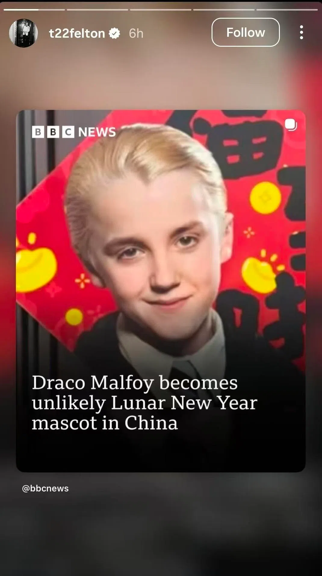 在《哈利波特》电影饰演马尔福的英国演员费尔顿（Tom Felton），星期四（2月5日）在社交平台Instagram转发了相关报道。（费尔顿Instagram）