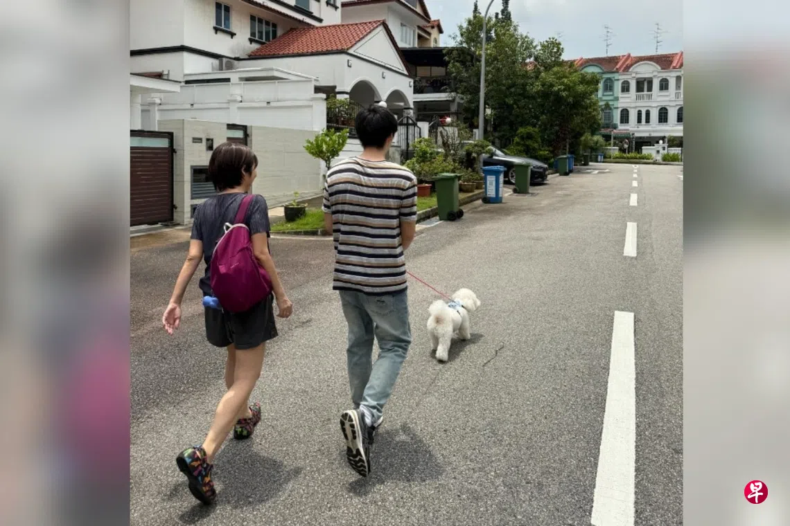 王玉珠的儿子愿意和她遛狗，对有社交恐惧和选择性缄默症的他来说，已经是一大跃进。 （受访者提供）