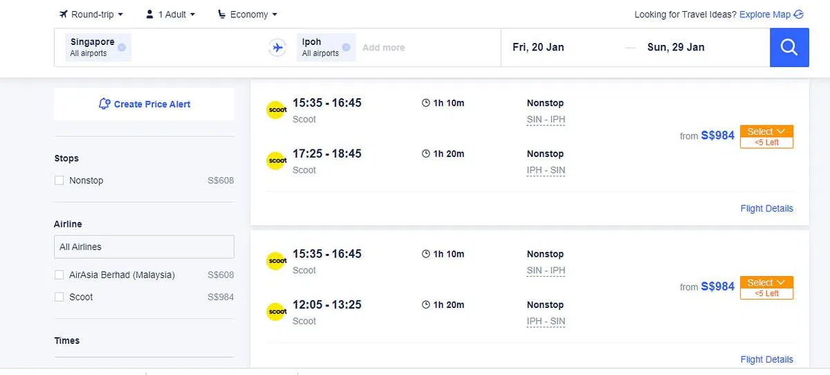 明年春节新加坡飞怡保的热门日期机票从608元起跳。（Trip.com网站截图） 