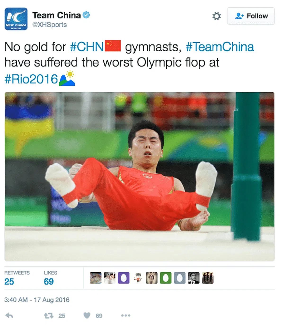 新华社发英文推特称，中国代表团在2016年里约奥运“遭遇了最糟糕的奥运翻车”。（网络截图）
