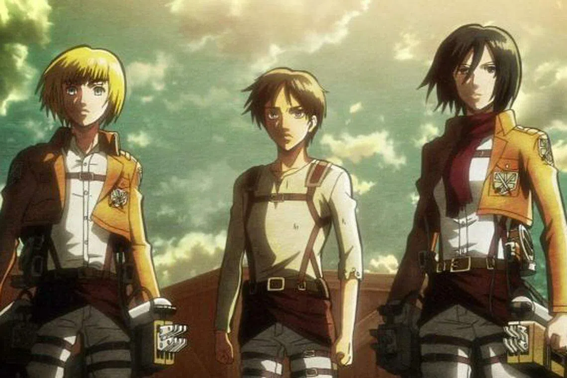 阿尔敏（左起）、艾伦和三笠立誓要将巨人赶尽杀绝。（互联网）