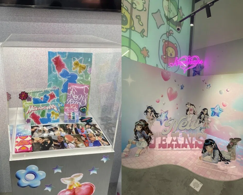 快闪店展出NewJeans的专辑（左图），也设置拍照区（右图）。（李佳轩摄）