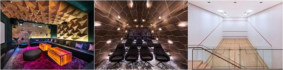 （左起）豪宅内金碧辉煌的卡拉OK室，有殿堂级别音响的影院和专业壁球场。（Edward Hendricks摄）