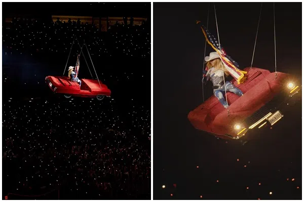 Beyoncé在悬吊半空的跑车上演唱。（取自Beyoncé Instagram）