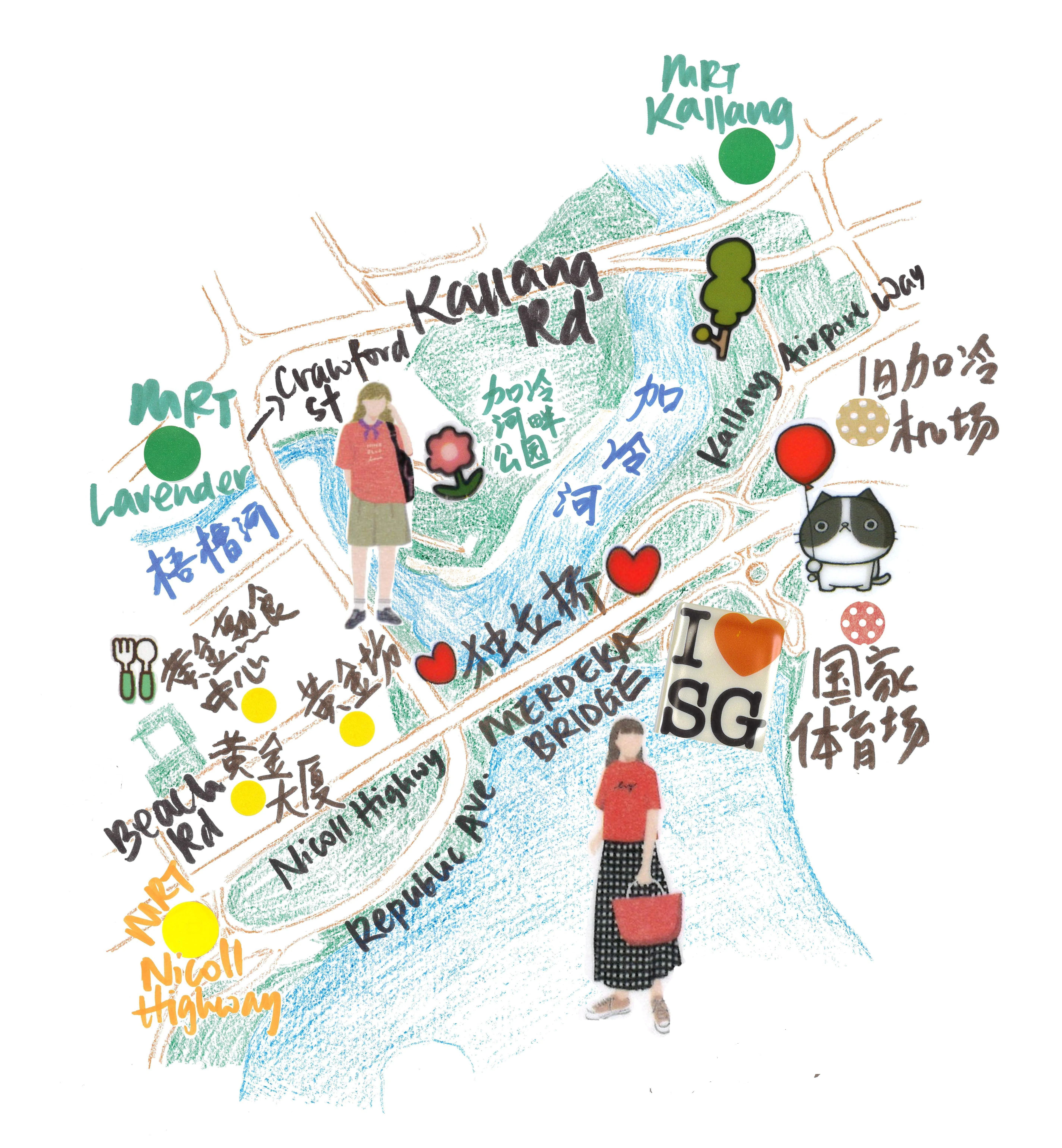 从加冷地铁站出发，沿加冷河步行前往美芝路，沿途可欣赏多个知名地标，还能品尝传统美食。（陈映蓁手绘）