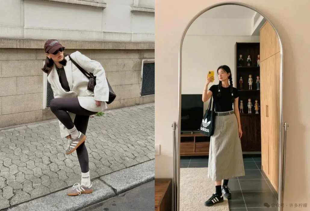 那双频繁出现在时尚博主脚下的德训鞋，成为本季时尚焦点。（互联网）
