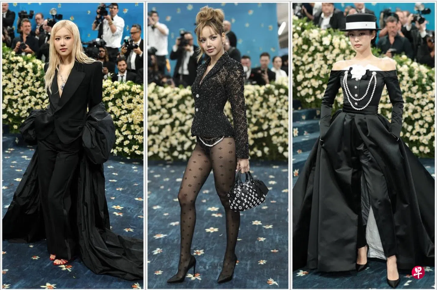Blackpink Rose（左起）、丽莎与珍妮各出法宝走MET Gala 红毯。（路透社、法新社）