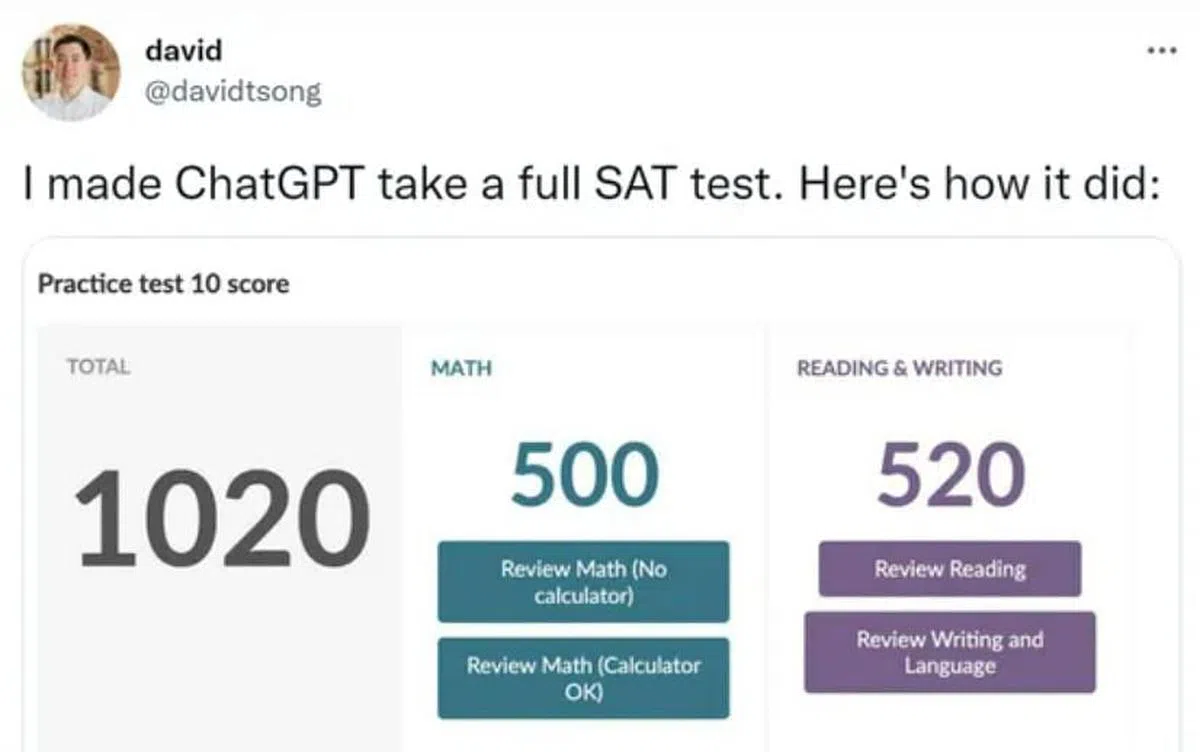 ChatGPT参加了完整的SAT考试，获取了1020分的成绩。（取自互联网）