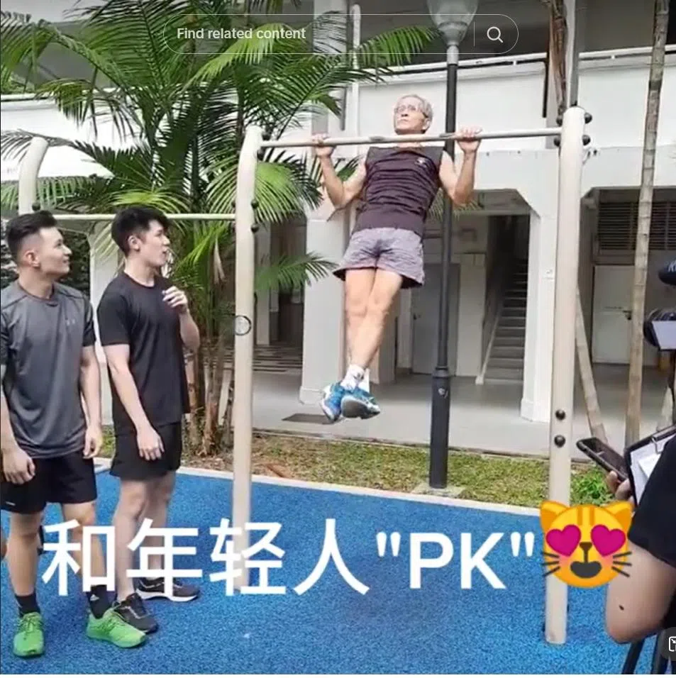 魏献国三年前开始在TikTok分享健身视频，这个和年轻人PK的视频点赞超过3200个，播放次数超过17万9500次。（TikTok截图）