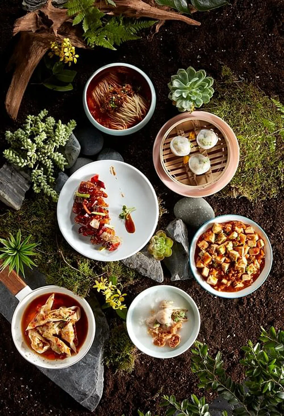 翡翠餐饮集团推出的植物肉菜单，用植物鸡、植物猪和植物牛烹制。（翡翠集团提供）