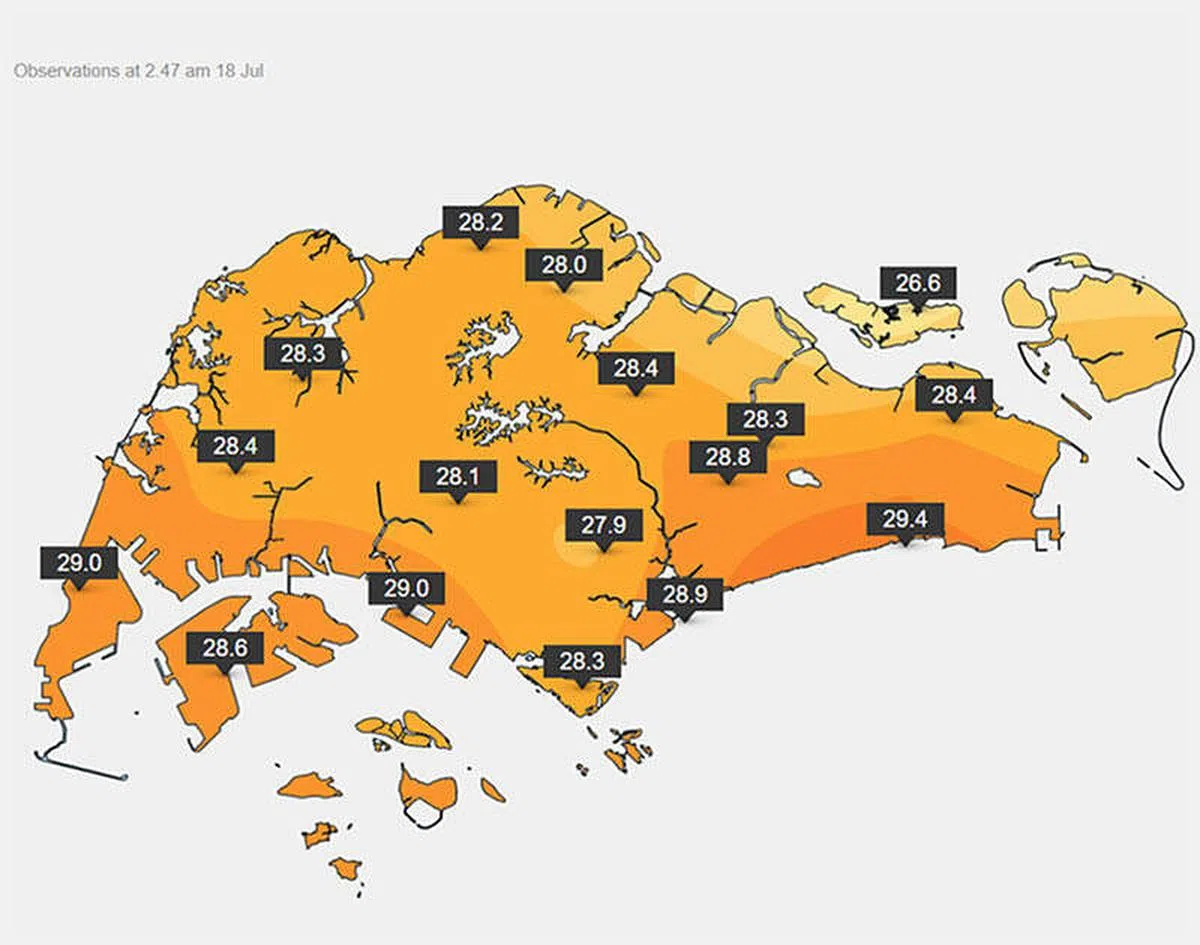 东海岸公园大道星期一凌晨2时47分，气温一度高达29.4摄氏度，而全岛其他地区温差也不大。（取自气象署网站）